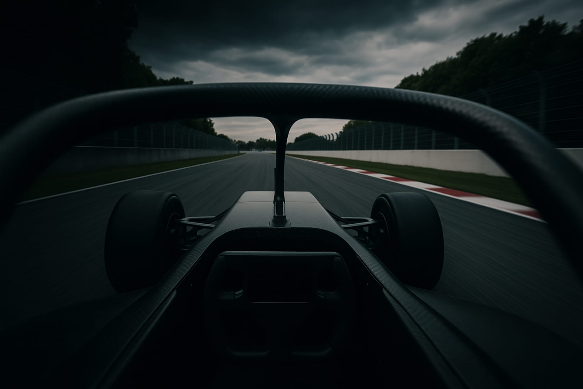 Driver's-eye view from the cockpit of a Formula-style car on a circuit